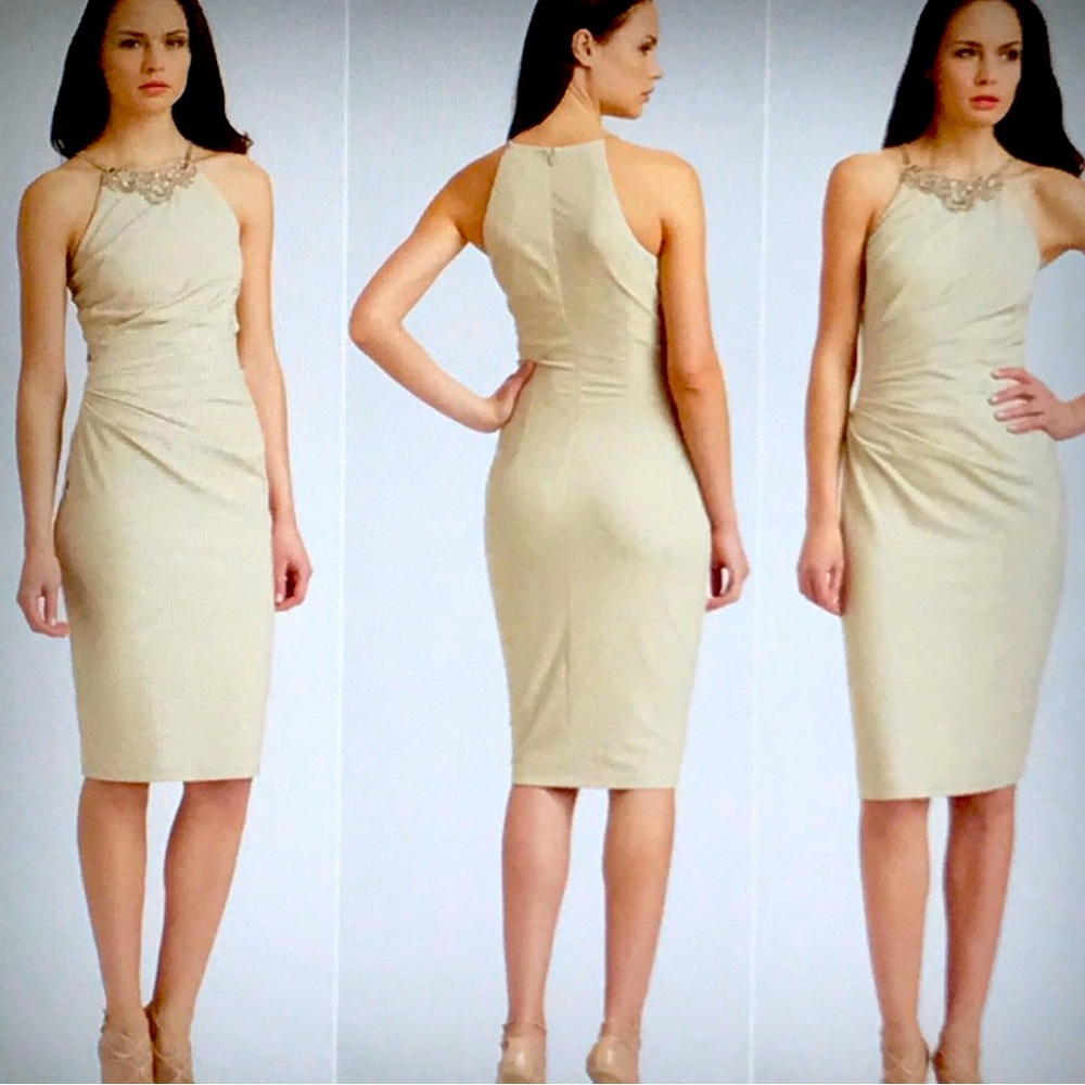 David Meister Gold Dress with Jeweled Neck detail